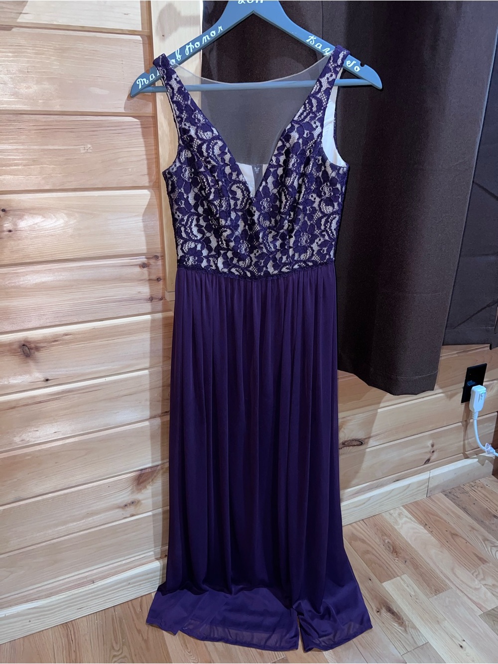 David's Bridal Dark Purple Lace Bodice Maxi Dress